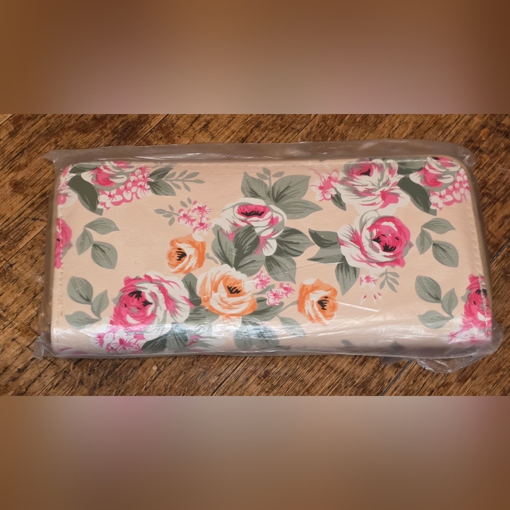 Floral Clutch Wallet in Peach with Pink & Orange Roses